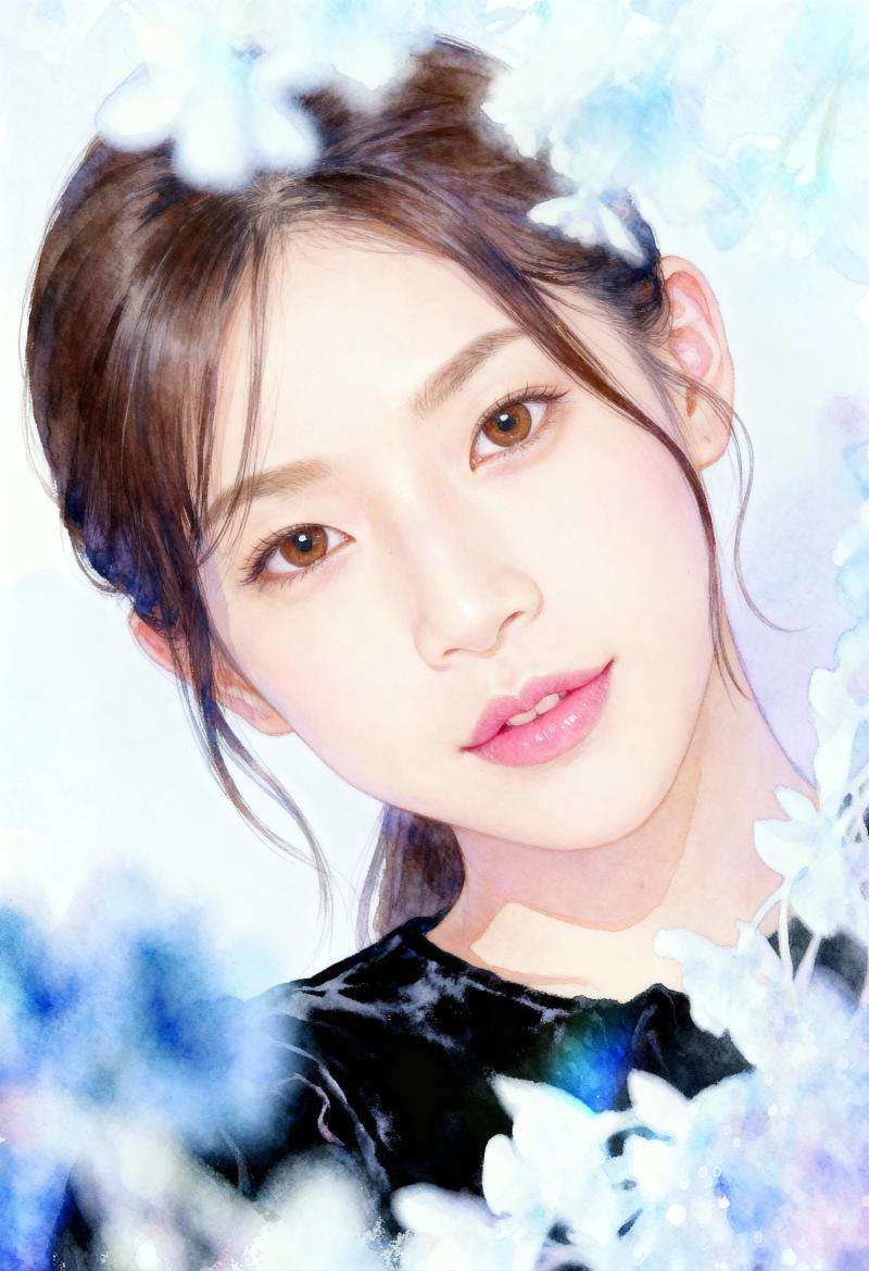 繊細な白と青の花に囲まれた、白い肌と茶色の髪の若い女性の美しい肖像画。