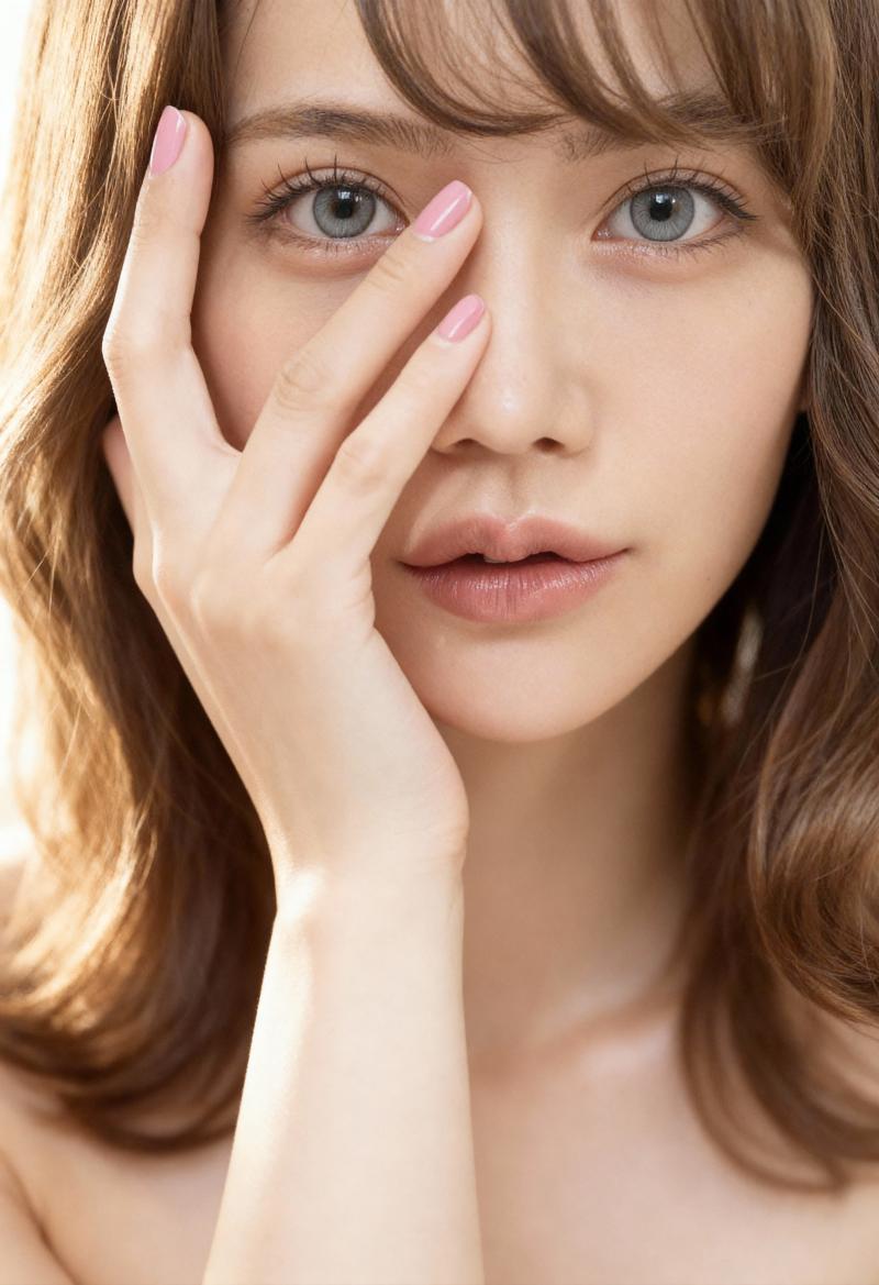 明るい肌と長くウェーブのかかった茶色の髪を持つ若い女性のクローズ アップの肖像画。