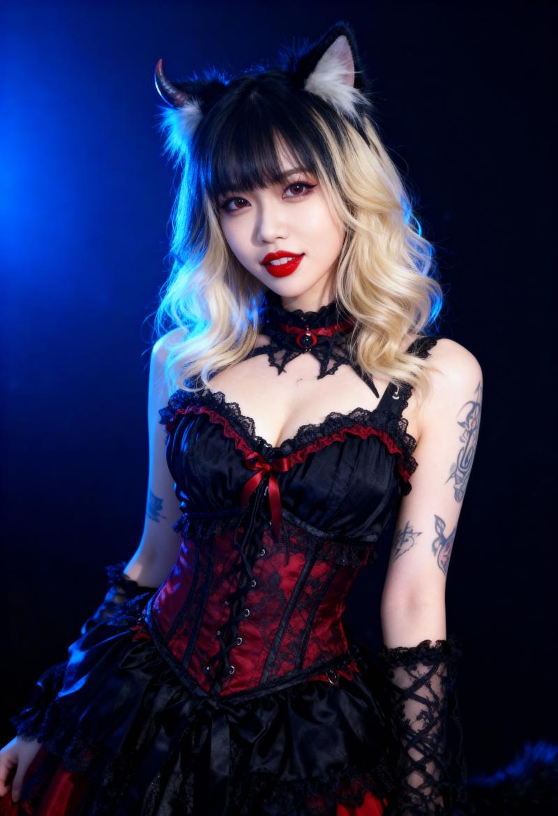 猫耳とコルセットを付けたコスプレ キャラクターをポートレート カメラ アングルから写...。