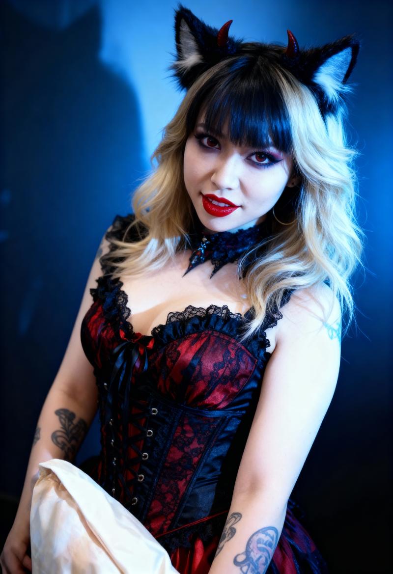 猫耳と角が付いたゴシック衣装を着た女性が、暗く不機嫌な背景に自信を持ってポーズをとる...。