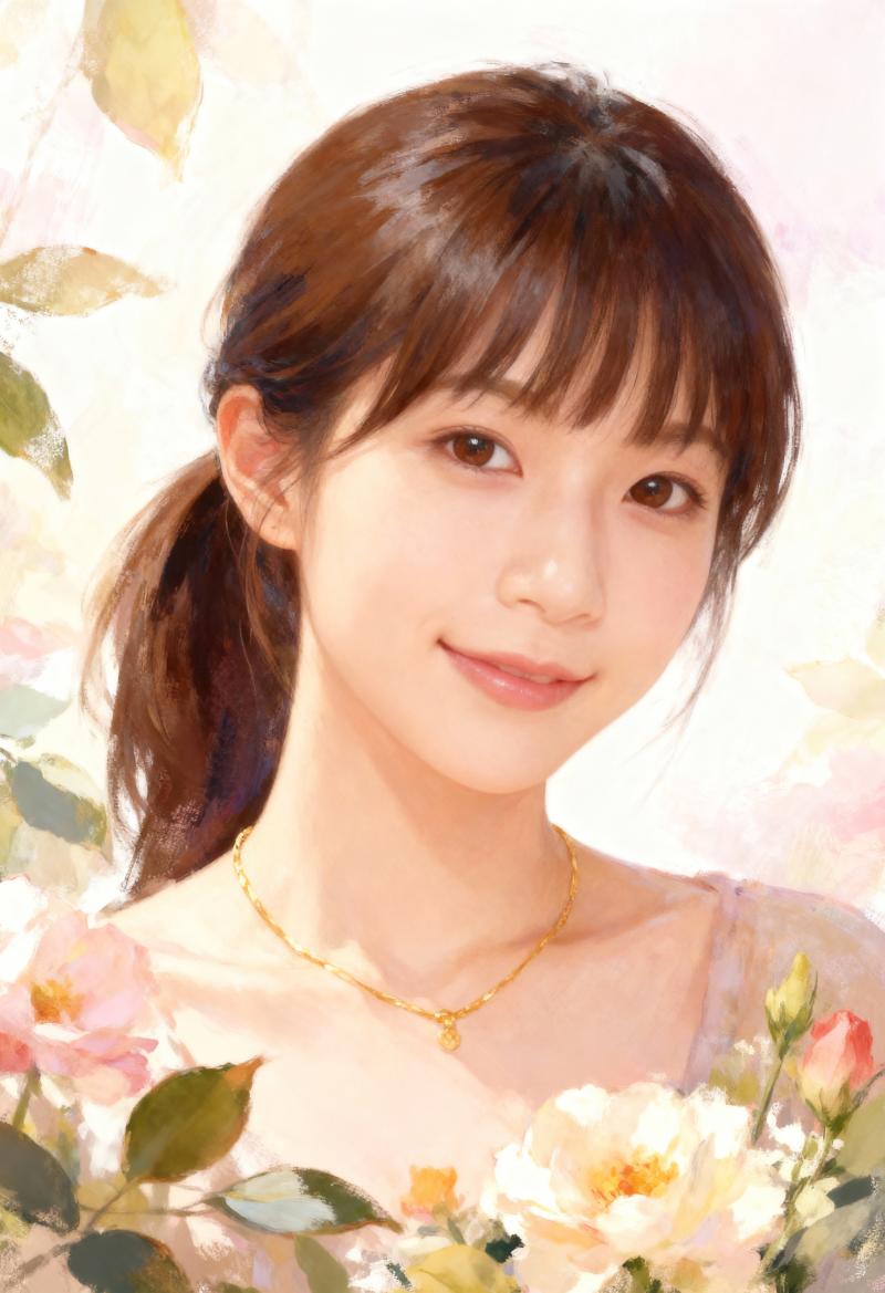 柔らかいパステルカラーの背景に、ピンクと白のバラに囲まれた、穏やかな笑顔を持つ若い女...。