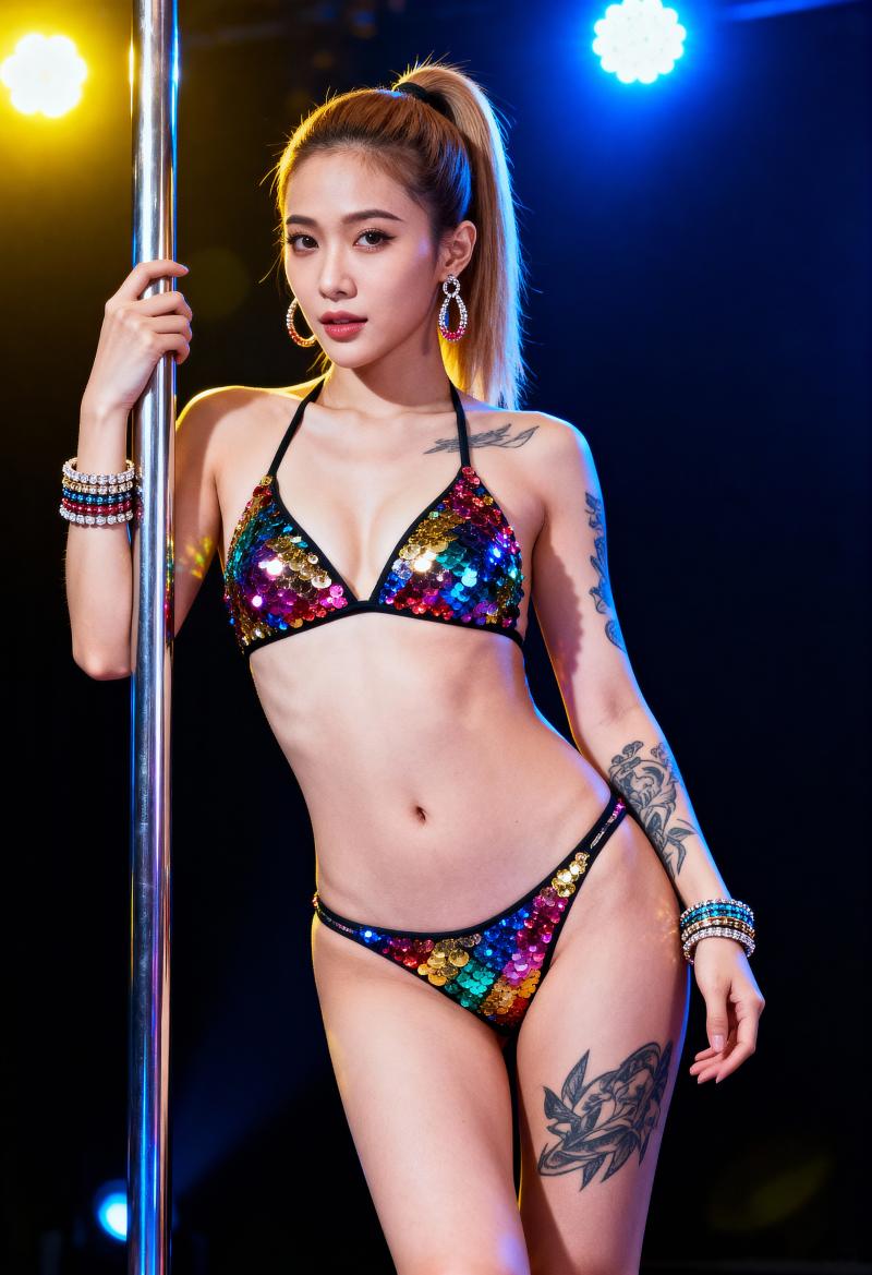 明るい照明が照らされたナイトクラブの中で、カラフルなスパンコールのビキニを着た若い女...。