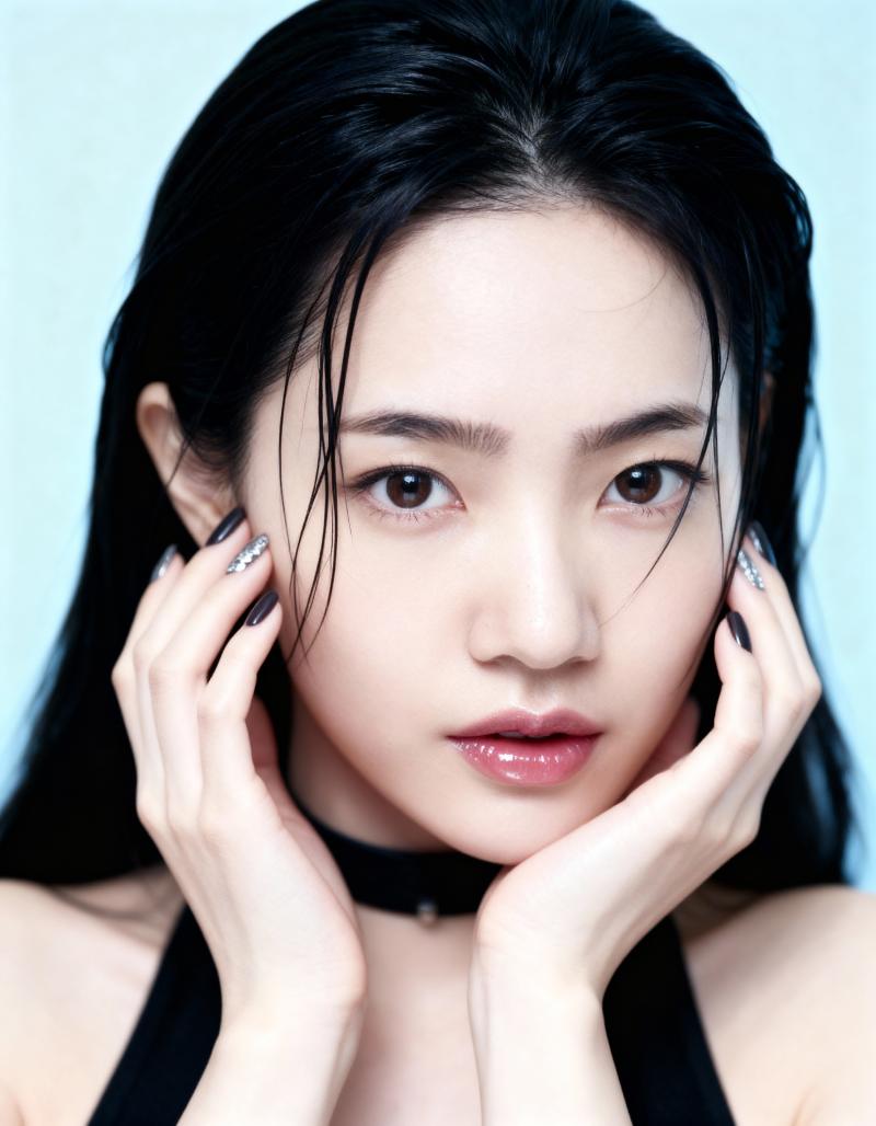 長い黒髪の若い女性が顎に手を当ててポーズをとるクローズアップのポートレート。