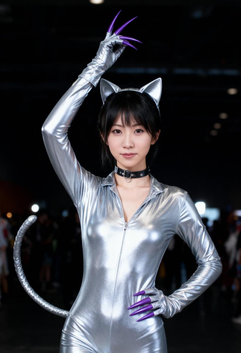 銀色の猫スーツを着たコスプレキャラクターが、ふざけた表情で堂々とポーズをとる、正面カ...。