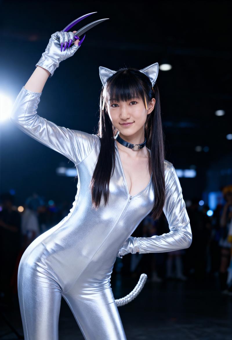 シルバーのキャットスーツを着たコスプレキャラクターが、ふざけた表情で堂々とポーズをと...。