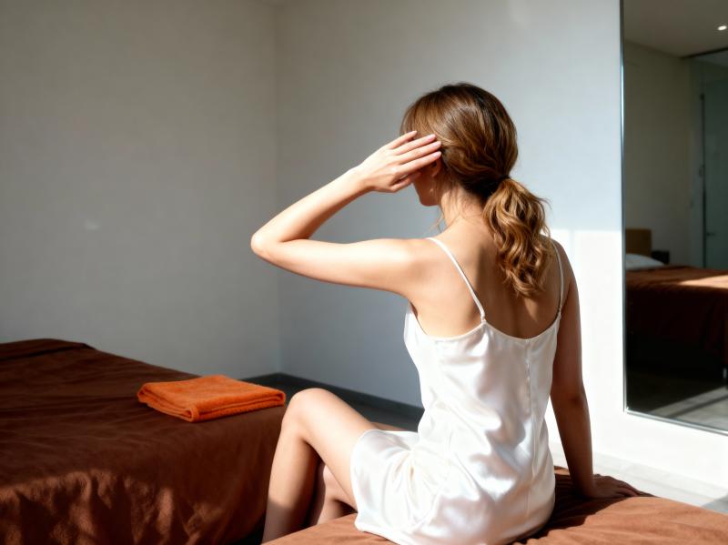 シンプルな寝室のベッドに座り、白いシルクのスリップドレスを着た女性。