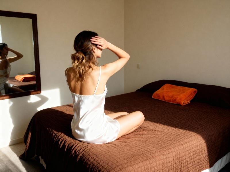 寝室のベッドに座って鏡に映る自分を見ている女性。