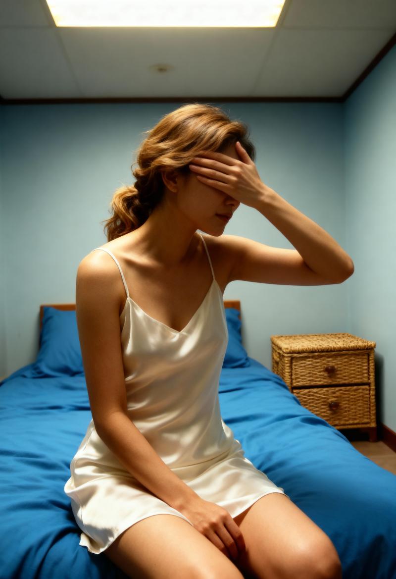 白いシルクのスリップドレスを着て手で目を覆い、ベッドに座っている若い女性を横から撮っ...。