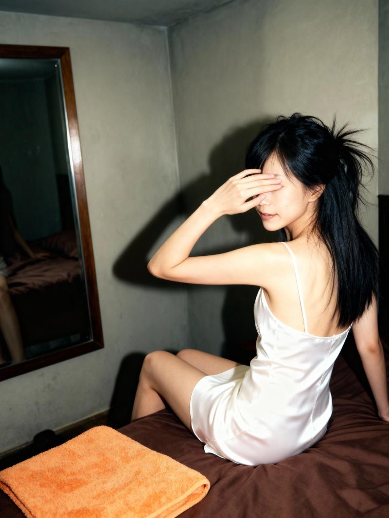 白いサテンのスリップドレスを着て、ベッドに座って鏡に映る自分を見ている若い女性を横か...。