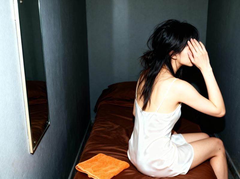 薄暗い部屋のベッドに一人で座り、両手で顔を覆っている若い女性を横から写実的に撮影した写真。