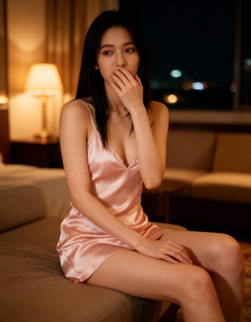 ピンクのサテンのナイトガウンを着て、薄暗い部屋のソファに座っている若い女性を横から撮...。