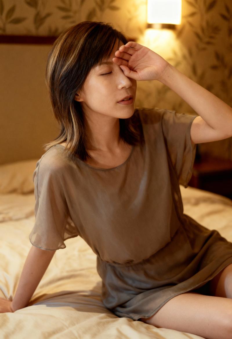 花柄の壁紙と温かみのあるランプを背景にした薄暗い寝室で、ベッドに座って片手で頭を押さ...。