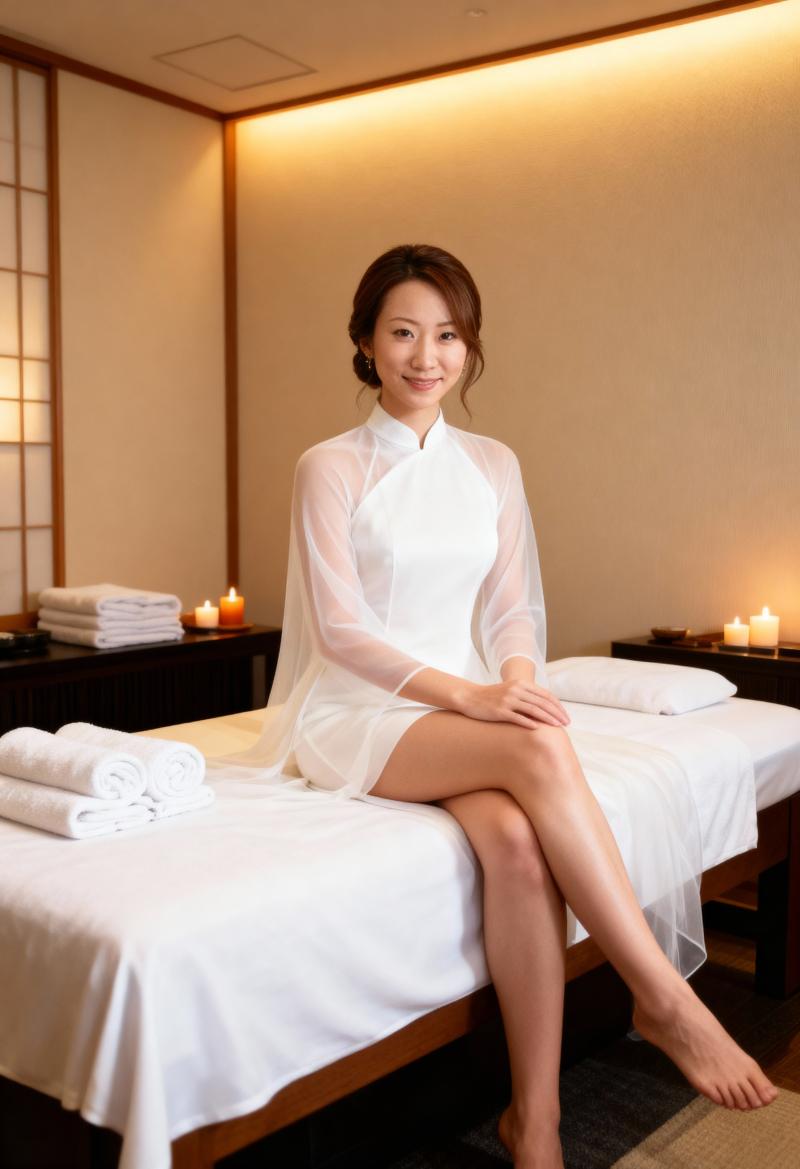 スパのマッサージ テーブルに座る白いローブを着た女性を正面カメラ アングルから写実的...。