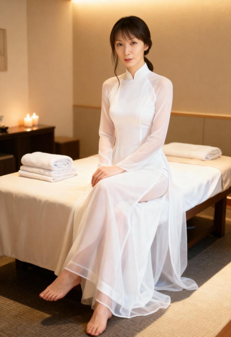 スパのマッサージ テーブルに座っている白いドレスを着た女性を正面から写実的に撮影した写真。