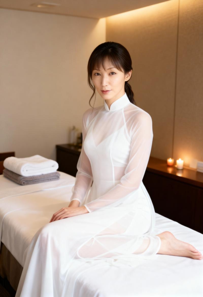 スパのマッサージ テーブルに座る、薄手の白いローブを着た女性を正面から撮影した写実的な写真。