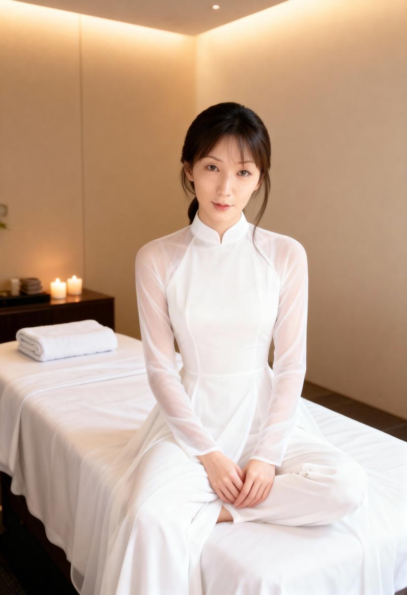 白いアオザイを着て、スパのマッサージ テーブルに座っている若い女性を正面から写実的に...。