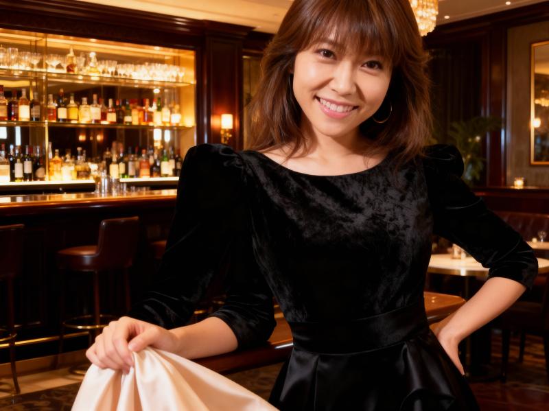 薄暗いバーに立ち、布を手に持ちながらカメラに向かって微笑む若い女性のポートレート。