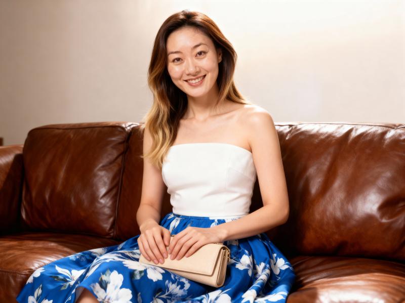 白いストラップレスのトップと青い花柄のスカートを着て、リビング ルームの茶色の革張り...。