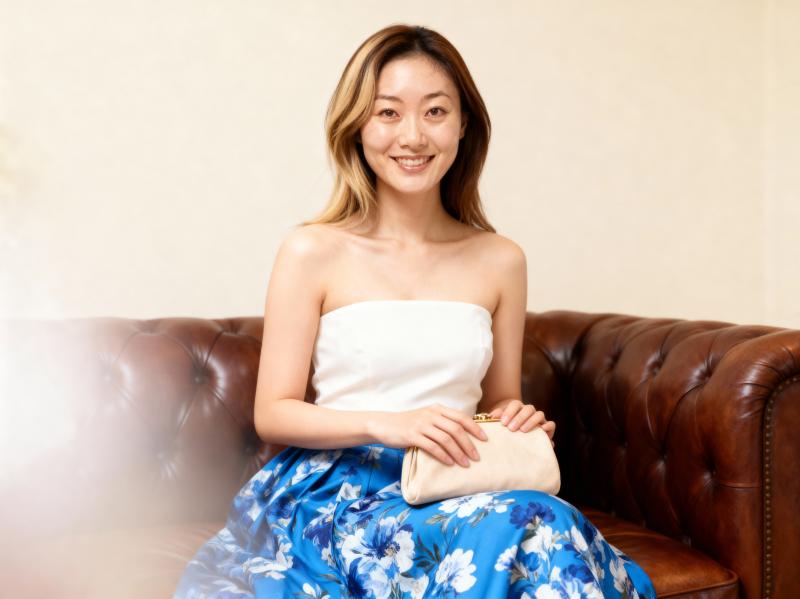 白いストラップレスのトップと青い花柄のスカートを着て、リラックスしたポーズで茶色の革...。