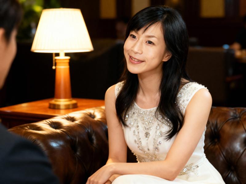 フォーマルな環境で茶色の革張りのソファに座っている若いアジア人女性のポートレート。