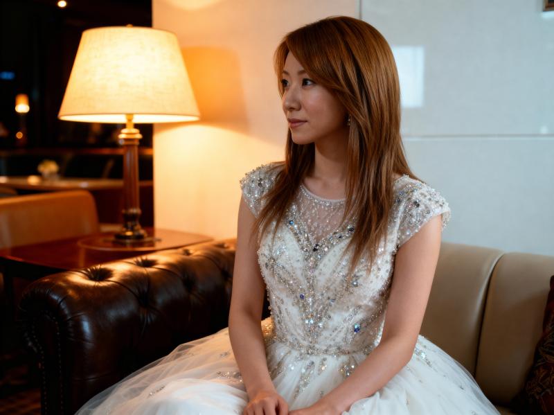 きらめくスパンコールや装飾で飾られた白いウェディング ドレスを着て、豪華なリビング ...。