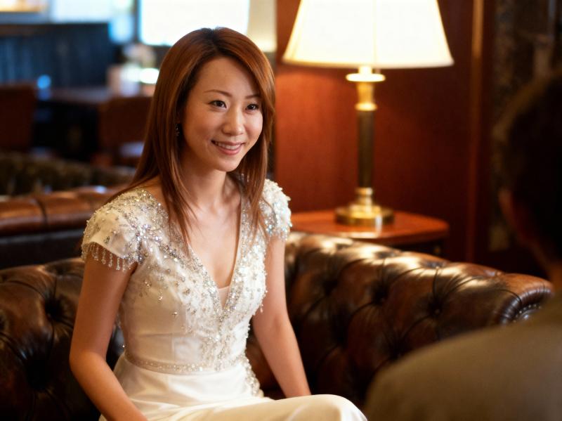 豪華なホテルのロビーで茶色の革張りのソファに座っている若いアジア人女性のポートレート。