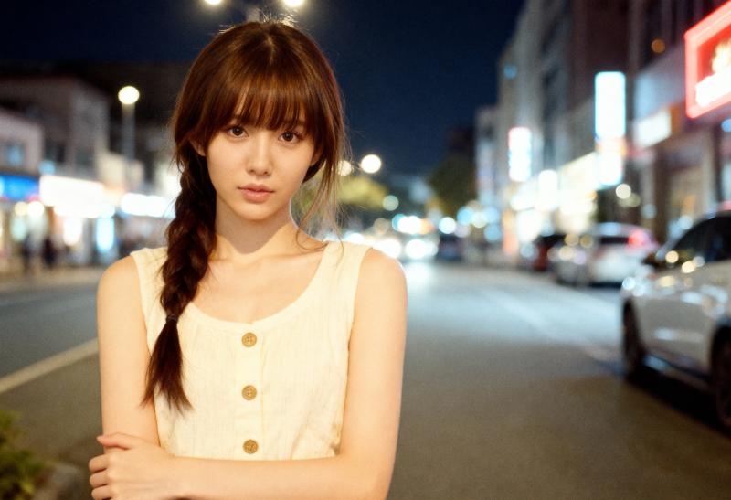 ボタンの付いたノースリーブの白いトップスを着て、夜の街路の真ん中に立つ若い女性をポー...。