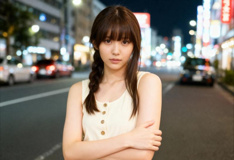 ボタンの付いたノースリーブの白いトップスを着て、夜の街路の真ん中に立ち、真剣な表情で...。