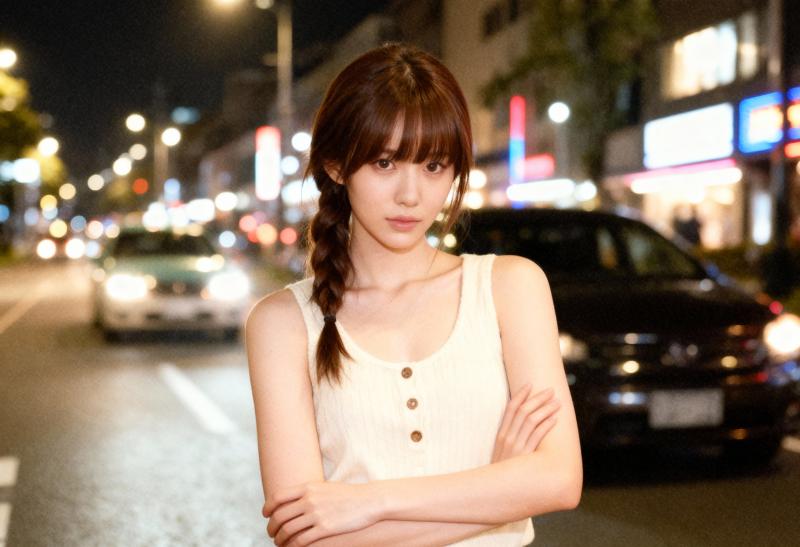 夜の街路の真ん中に立ち、真剣な表情でカメラを見つめる若い女性をポートレートアングルか...。