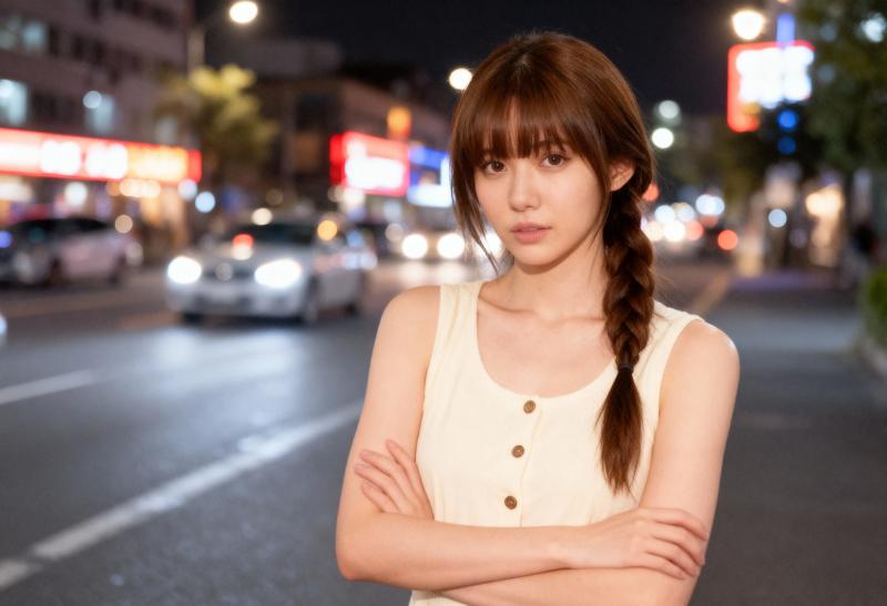 夜の街の通りの真ん中に真剣な表情で腕を組んで立っている若い女性を、ポートレート カメ...。