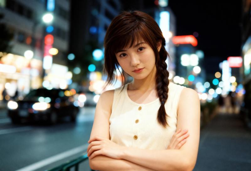 カラフルな光と建物が特徴的なぼやけた街並みを背景に、夜の街路の真ん中に自信を持って立...。