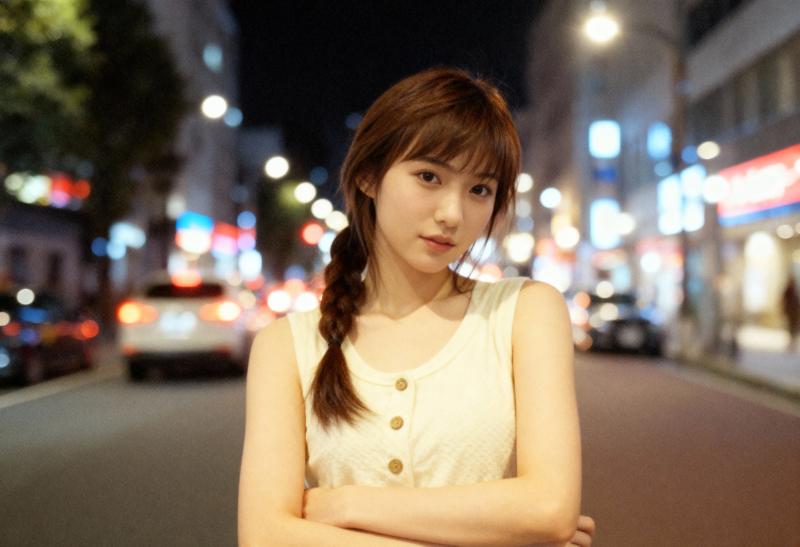 ボタンの付いたノースリーブの白いトップスを着て、夜の街路の真ん中に立つ若い女性をポー...。