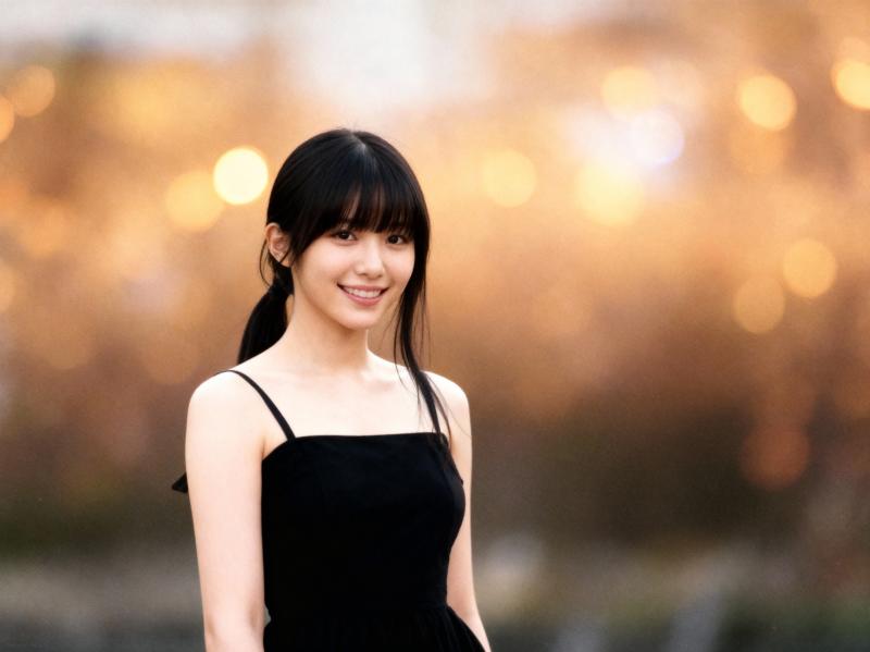 画像の中央に黒いドレスを着た、陽気な表情をした若い女性の写実的なポートレート。