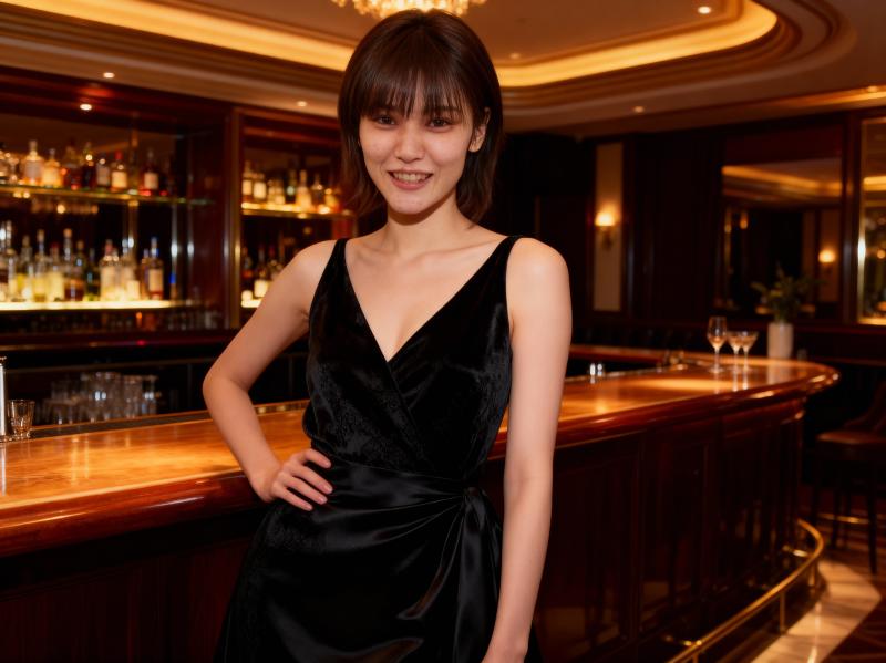 黒いベルベットのドレスを着て高級バーに立つ若い女性を正面から写実的に撮影したもの。