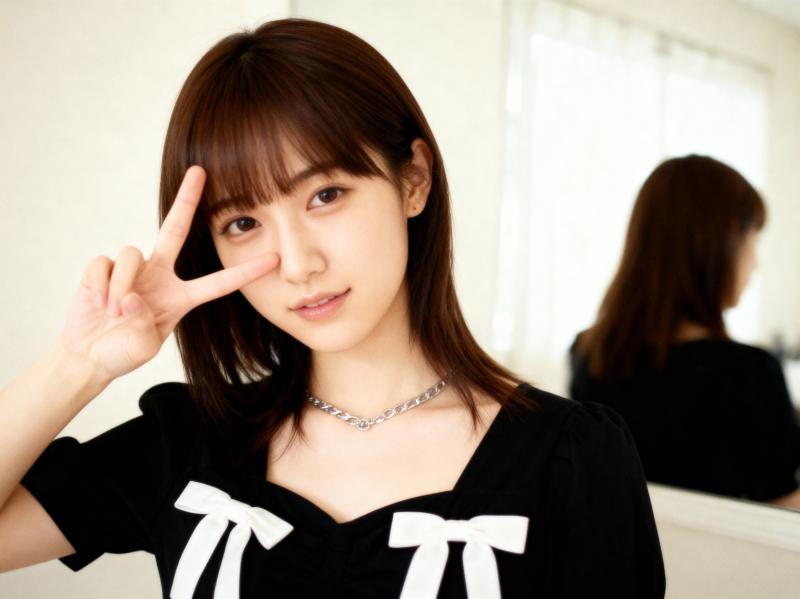 長い茶色の髪と前髪を持ち、白いリボンが付いた黒いドレスを着た若い女性が、鏡の前で反射...。