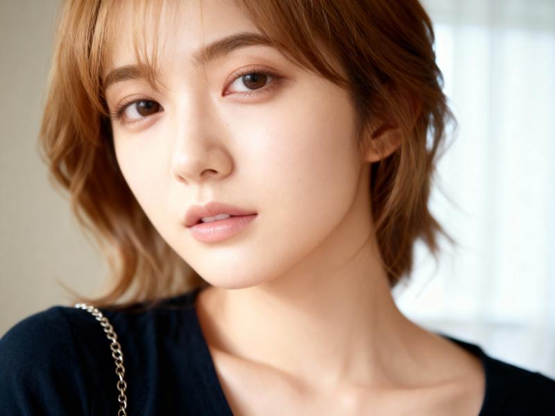 ポートレートの角度から捉えた、中性的な表情を持つ若い女性のクローズアップポートレート。