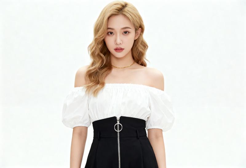 ウェーブのかかった長いブロンドの髪を持つ若い女性。