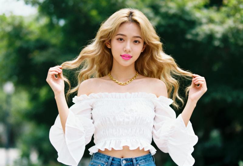 ウェーブのかかったブロンドの長い髪を持つ若い女性が、白いオフショルダーのトップスとハ...。