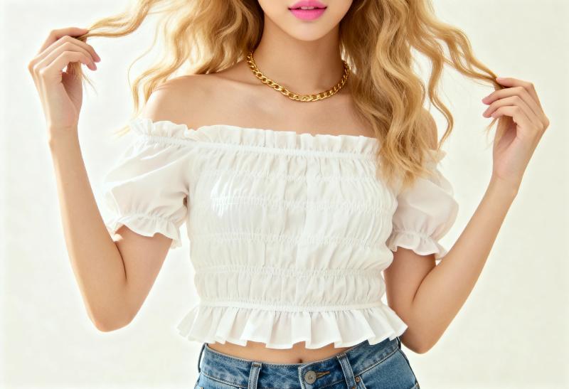 ウェーブのかかった長いブロンドの髪を持つ若い女性。