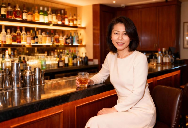 バーに座り、手にウィスキーのグラスを持った女性のポートレート。