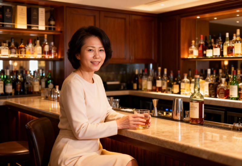 バーに座り、ウィスキーのグラスを手に持ちながらカメラに向かって微笑む中年アジア人女性...。