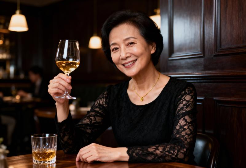 薄暗いレストランの木のテーブルに座り、右手に白ワインの入ったグラスを持ち、カメラに向...。