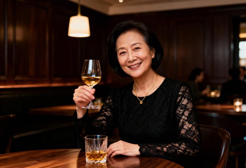 薄暗いレストランの木のテーブルに座り、右手に白ワインのグラス、左手に小さなウィスキー...。