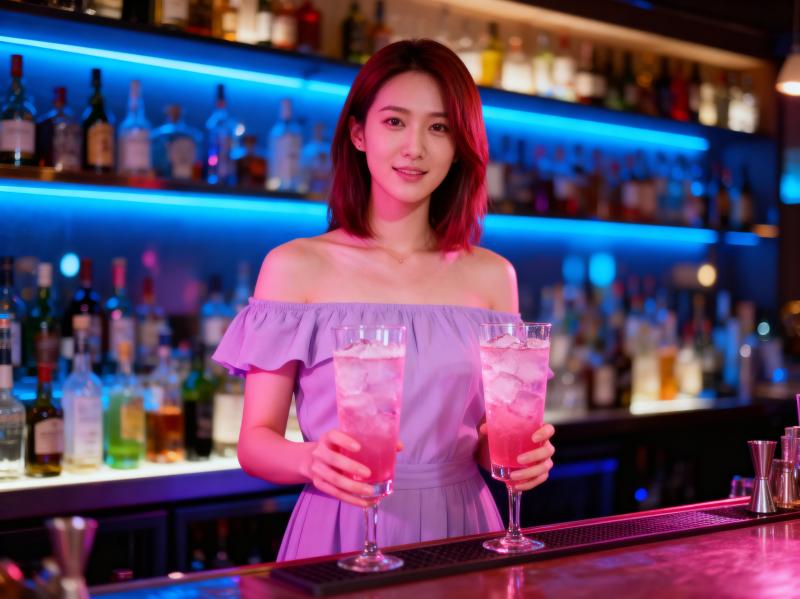 バーカウンターの後ろに立って、氷の入ったピンクのカクテルを 2 杯持っている若い女性...。