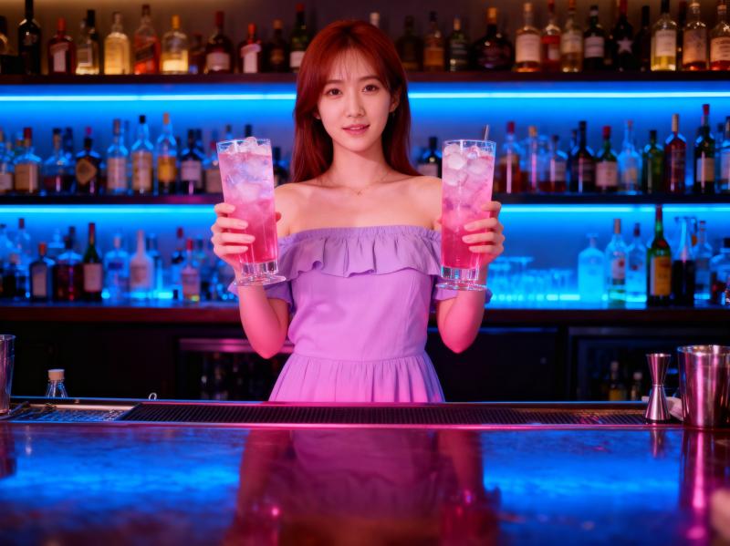 さまざまなボトルが並ぶカラフルなバーの前で、ピンクのカクテルを 2 杯持ったバーカウ...。