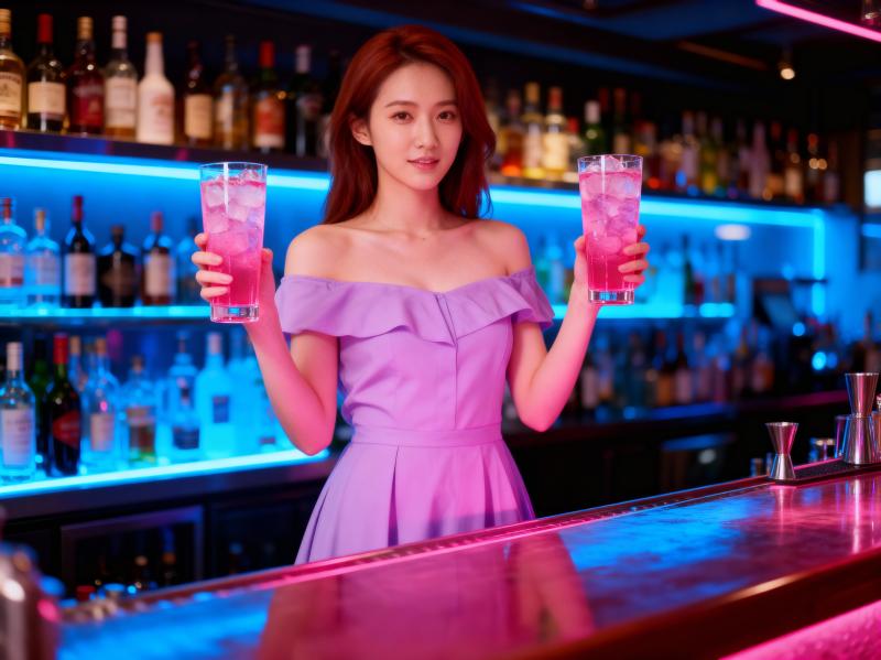 薄暗いバーの中で、氷の入ったピンクのカクテルを 2 杯持ってバーの後ろに立っている若...。