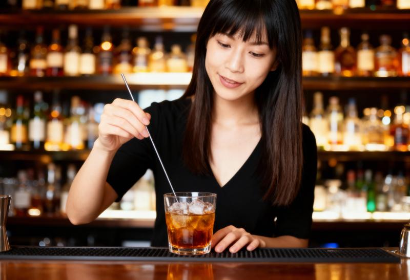 黒いVネックのトップを着た長い黒髪の若いアジア人女性が、さまざまな酒瓶の背景がぼやけ...。