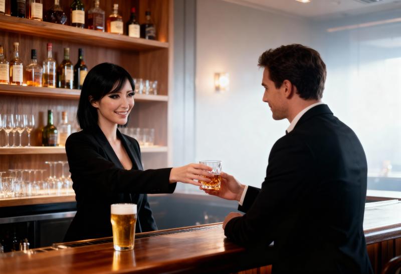 バーで顧客にビールのグラスを手渡す受付係の正面カメラ アングルからの写実的な撮影。