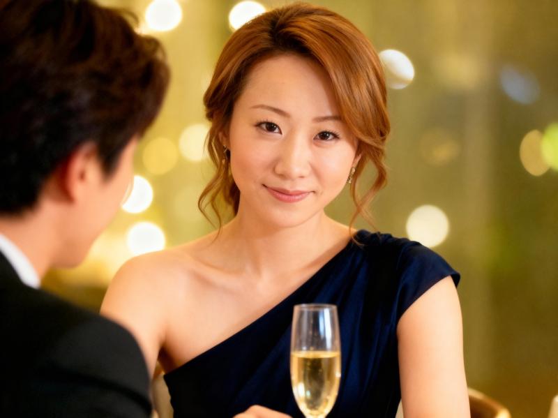 フォーマルな環境でテーブルに座り、目の前にシャンパンを注ぐ若い女性のクローズアップ写真。