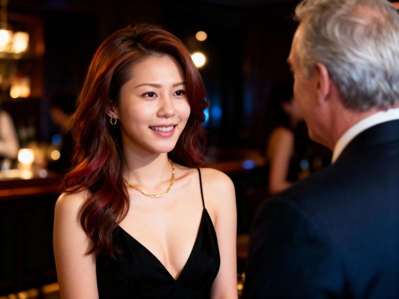 薄暗いレストランの環境で、黒いドレスを着た女性がフォーマルな服装をした年配の男性に微...。